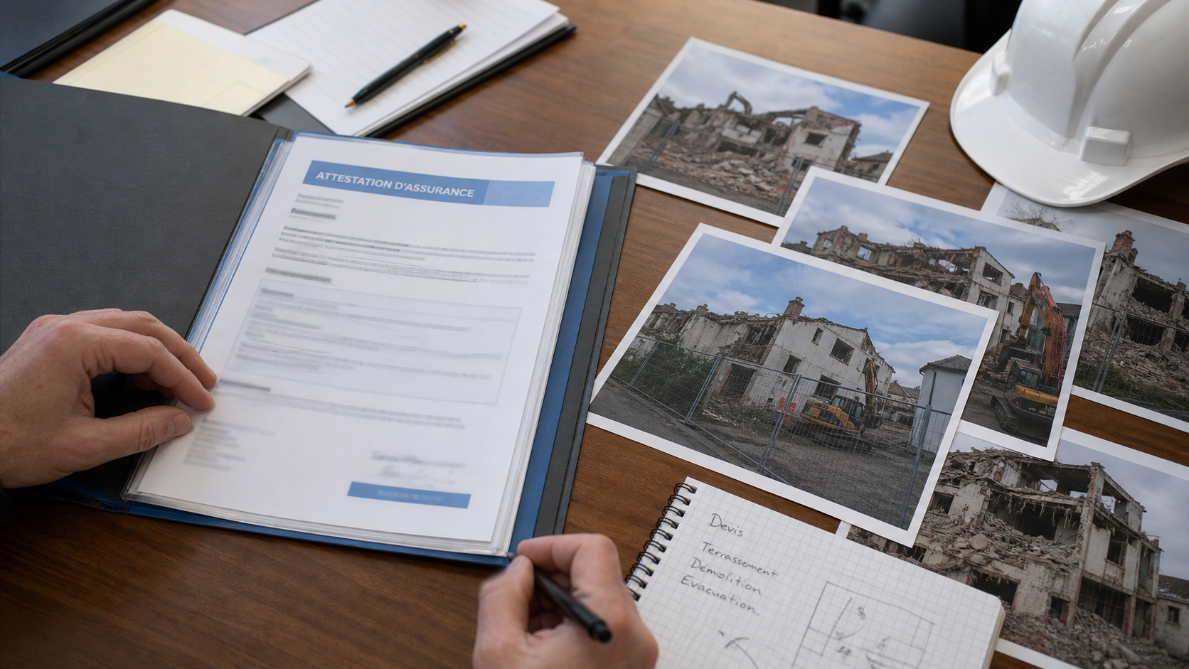Dossier d'assurance et photos de chantier de démolition sur une table