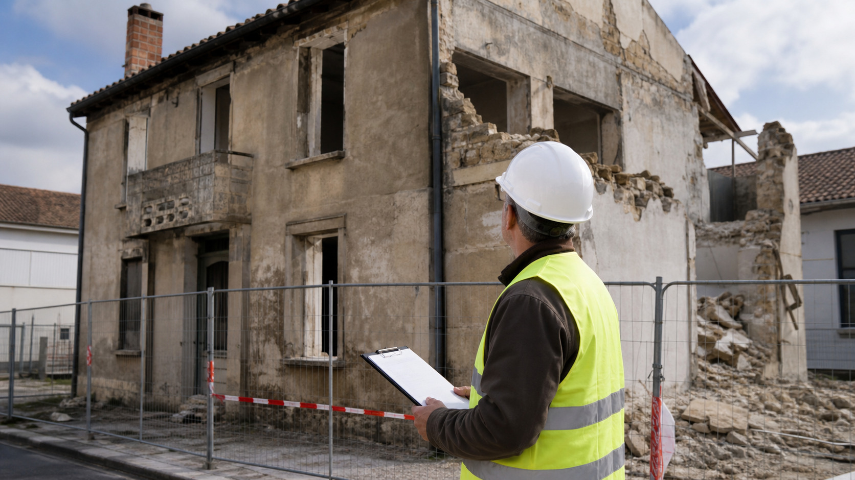 Conducteur de travaux inspectant un bâtiment avant démolition