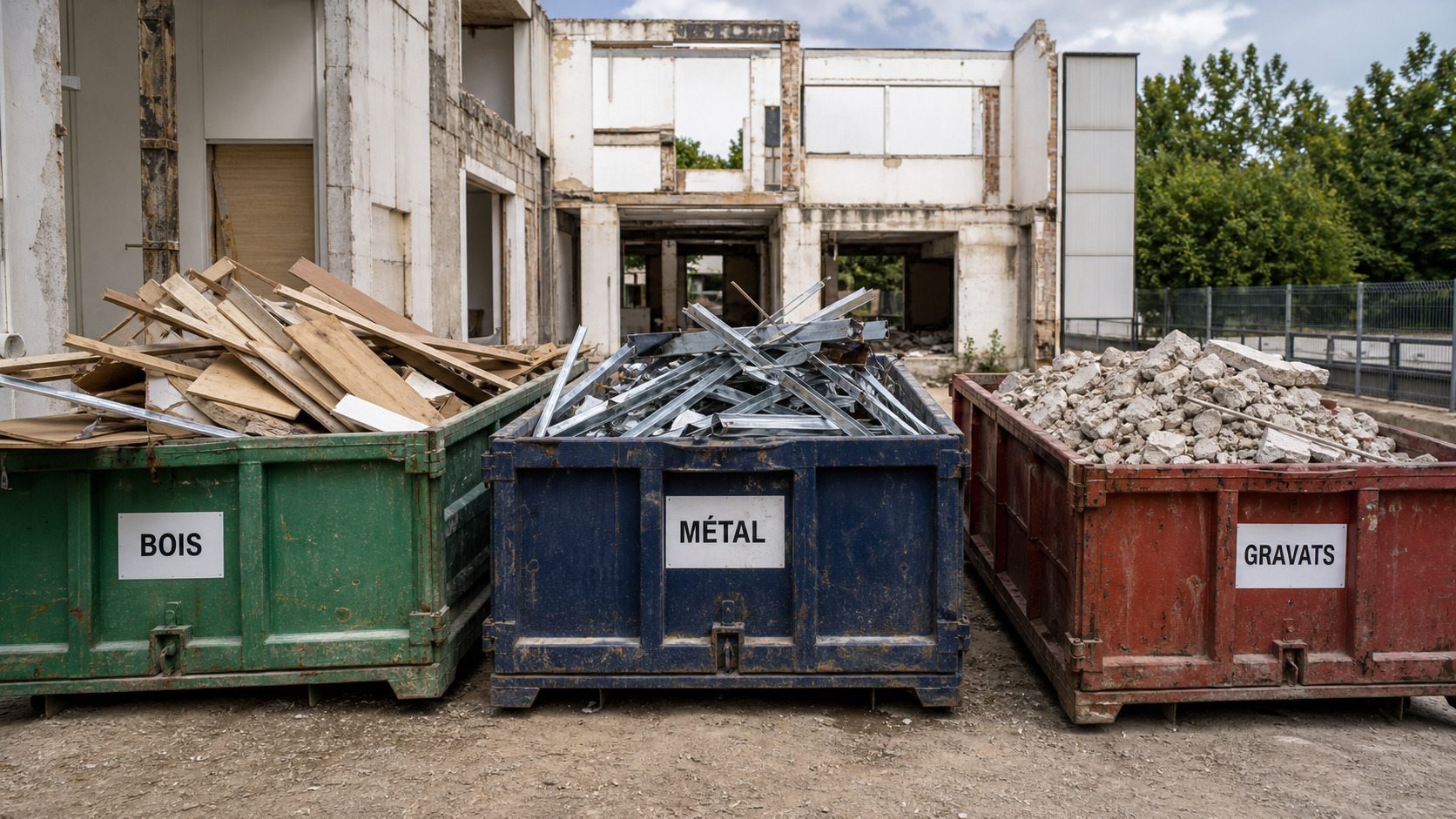 Bennes séparées pour bois, métal et gravats après curage d'un bâtiment