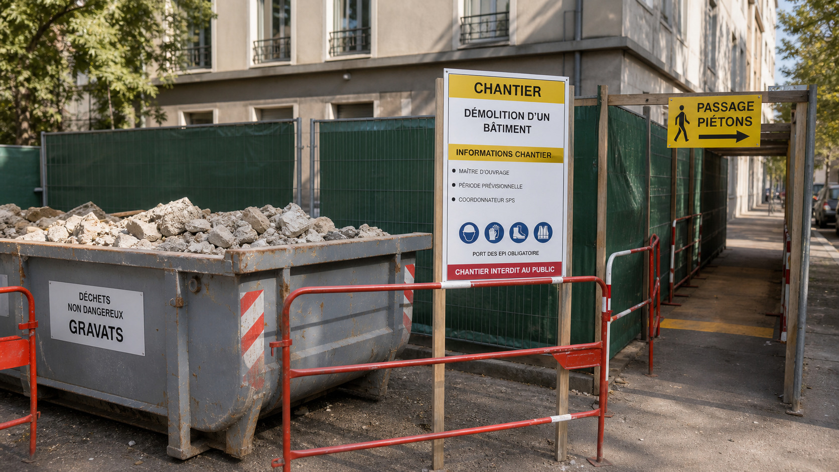Benne de chantier et panneau d'information installés devant un immeuble