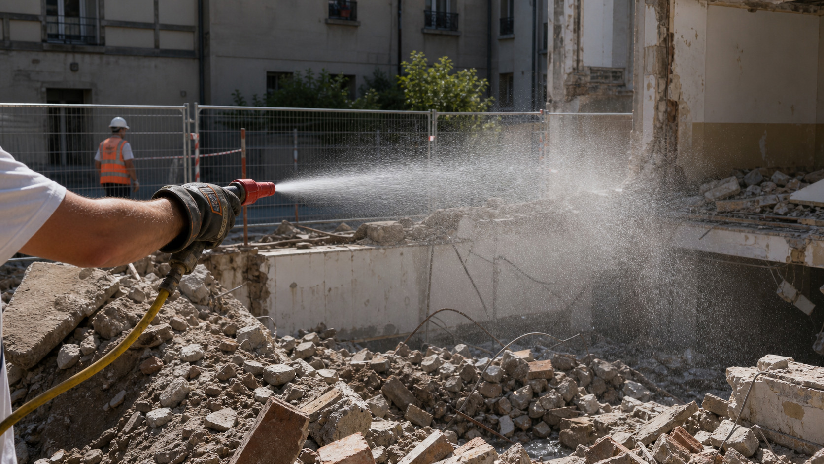 Brumisation d'eau sur une zone de démolition pour limiter la poussière