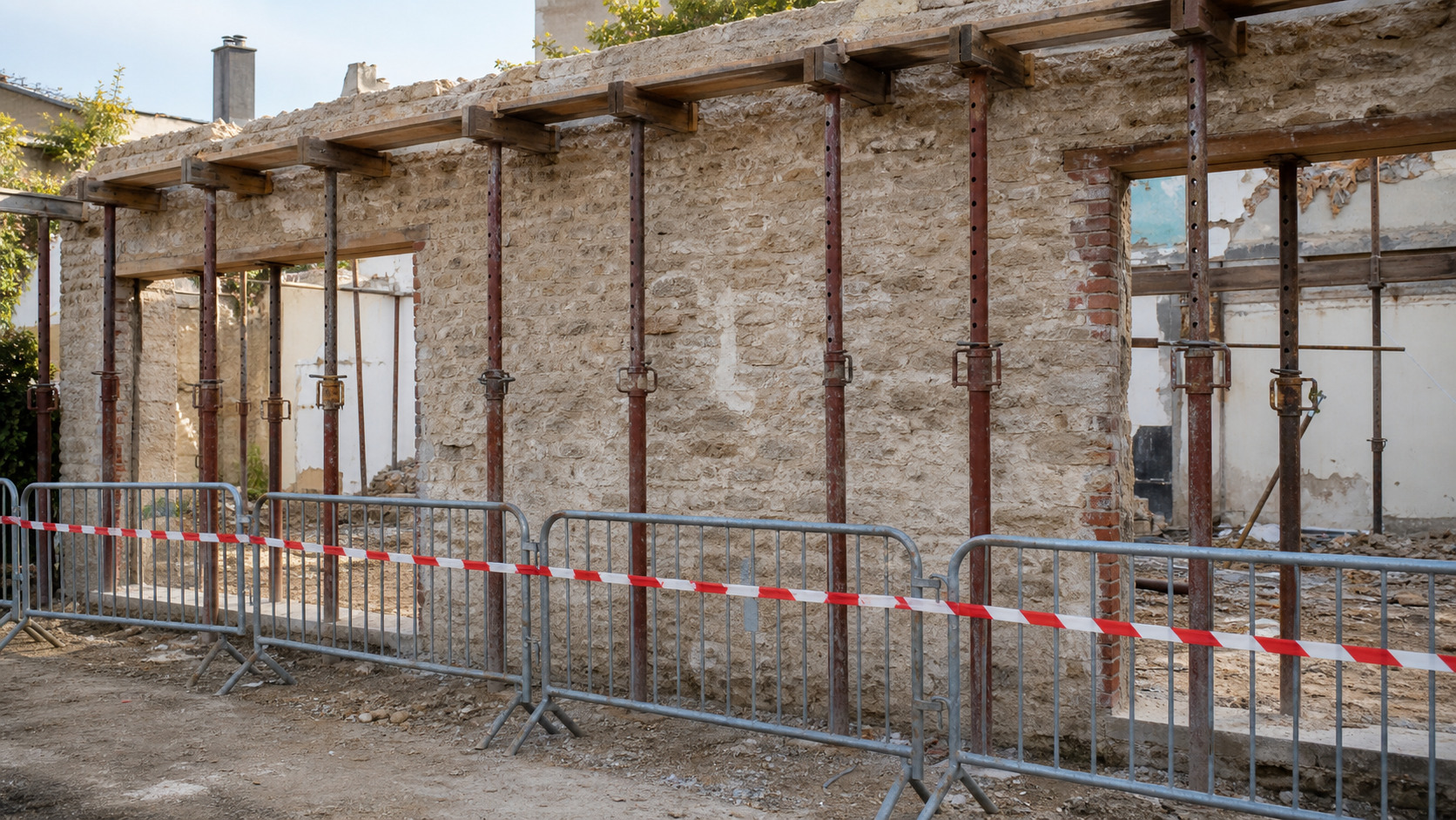 Étais et barrières protégeant un mur conservé pendant une démolition partielle